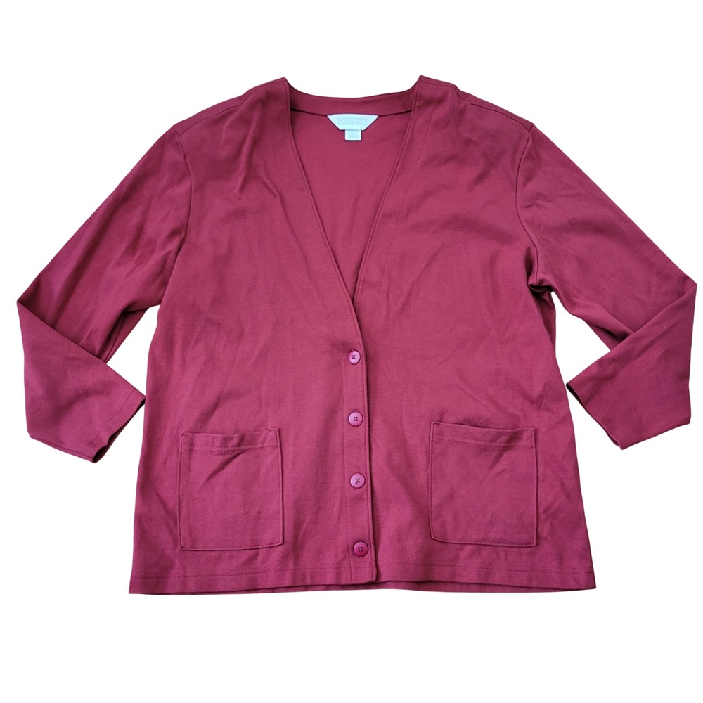 Lands End XL Cardigan Red Cotton Button Up V Neck Pockets 18 20 Vintage Cozy